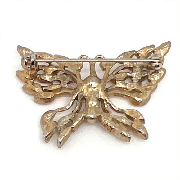 Vintage 80s Gold Tone Rhinestone Butterfly Brooch Pin - Picture 2 of 3